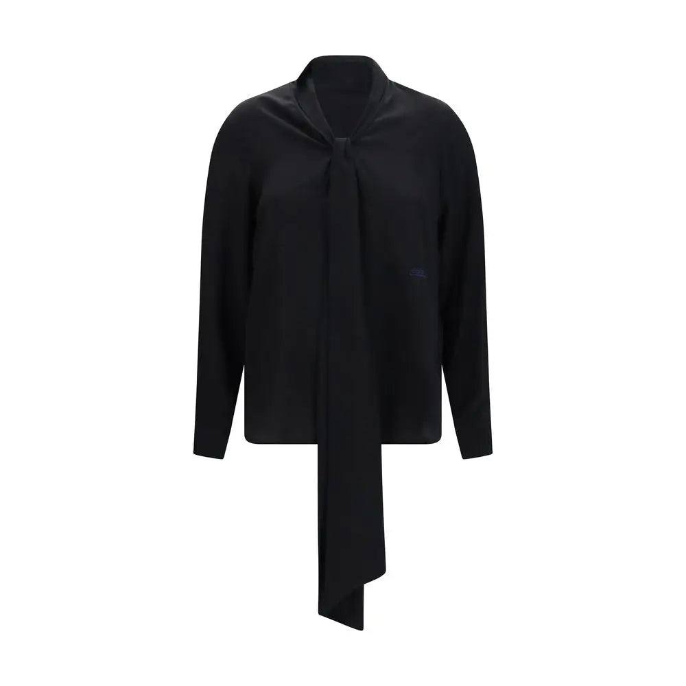 Blouse en satin noir burberry avec nœud frontal distinctif et manches longues en soie
