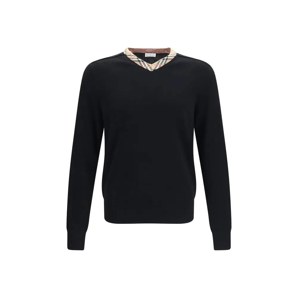 Burberry black wool oves aries sweatshirt with v-neck and contrasting beige brown checkered collar
