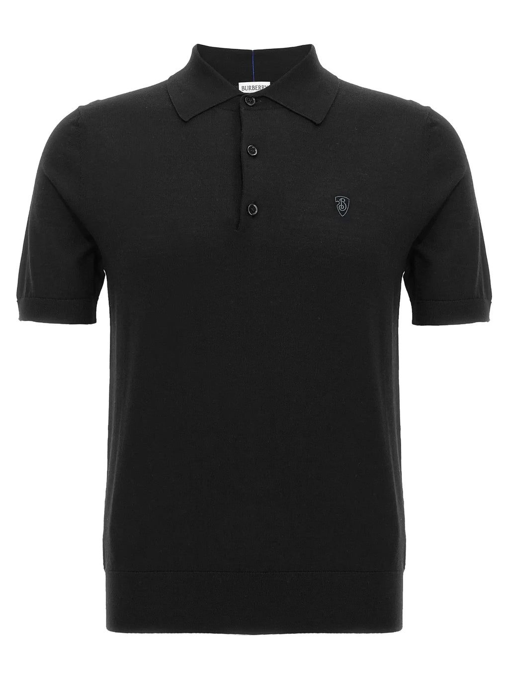 Polo Burberry noir en laine avec manches courtes, logo brodé subtil et patte de boutonnage élégant