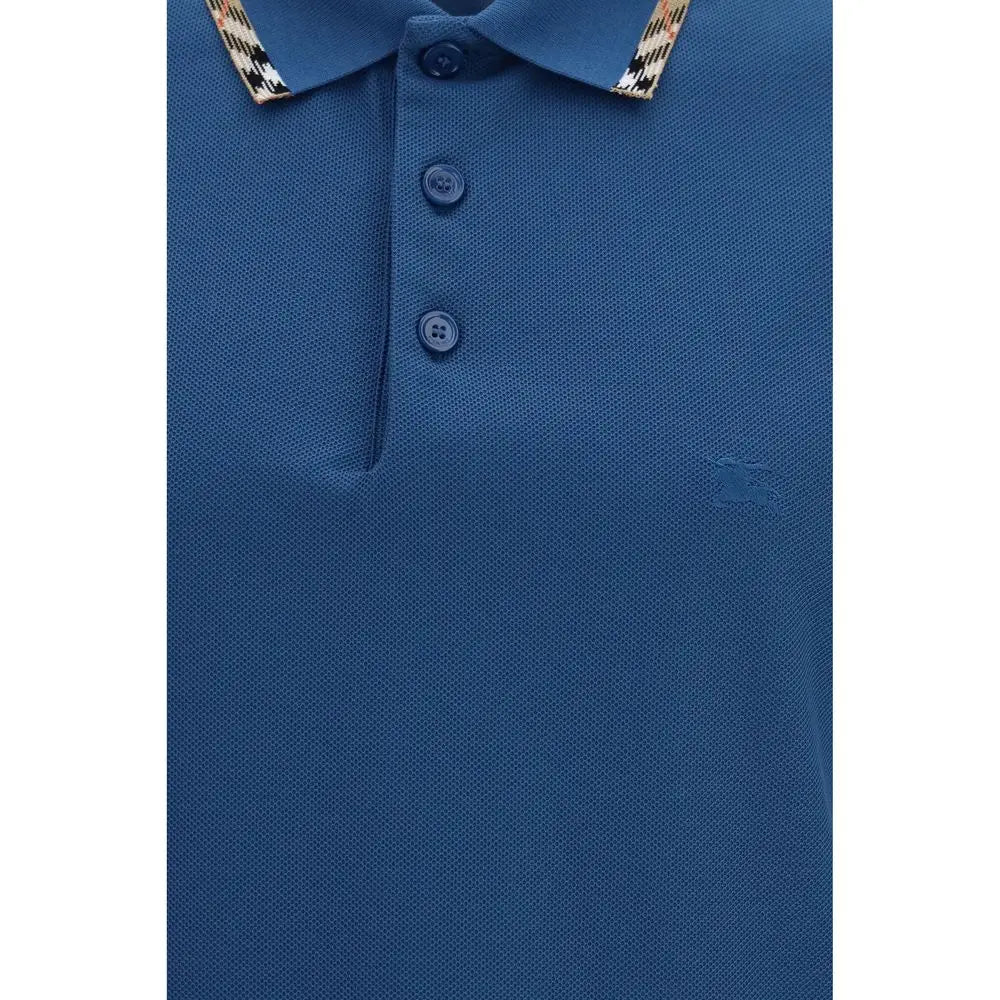 Burberry polo bleu en coton avec tissage texturé col à carreaux contrastés et boutons assortis
