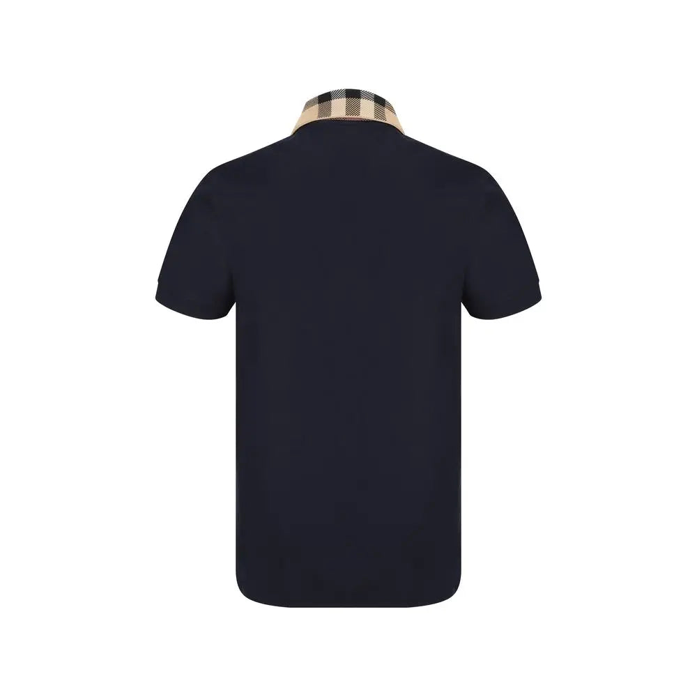 Polo burberry bleu en coton avec col beige et noir à carreaux