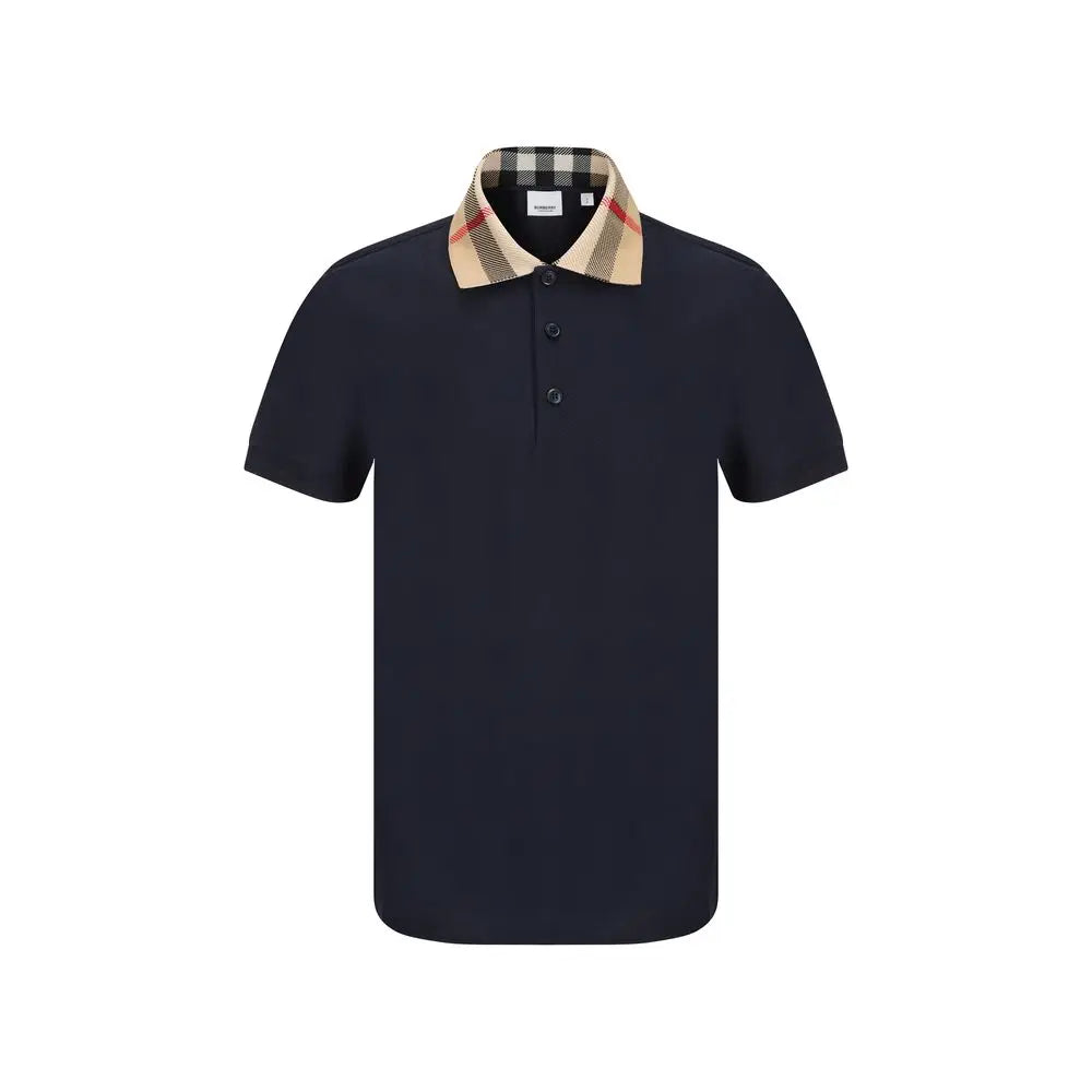 Polo burberry bleu marine en coton avec col à carreaux beige noir et rouge et logo burberry visible