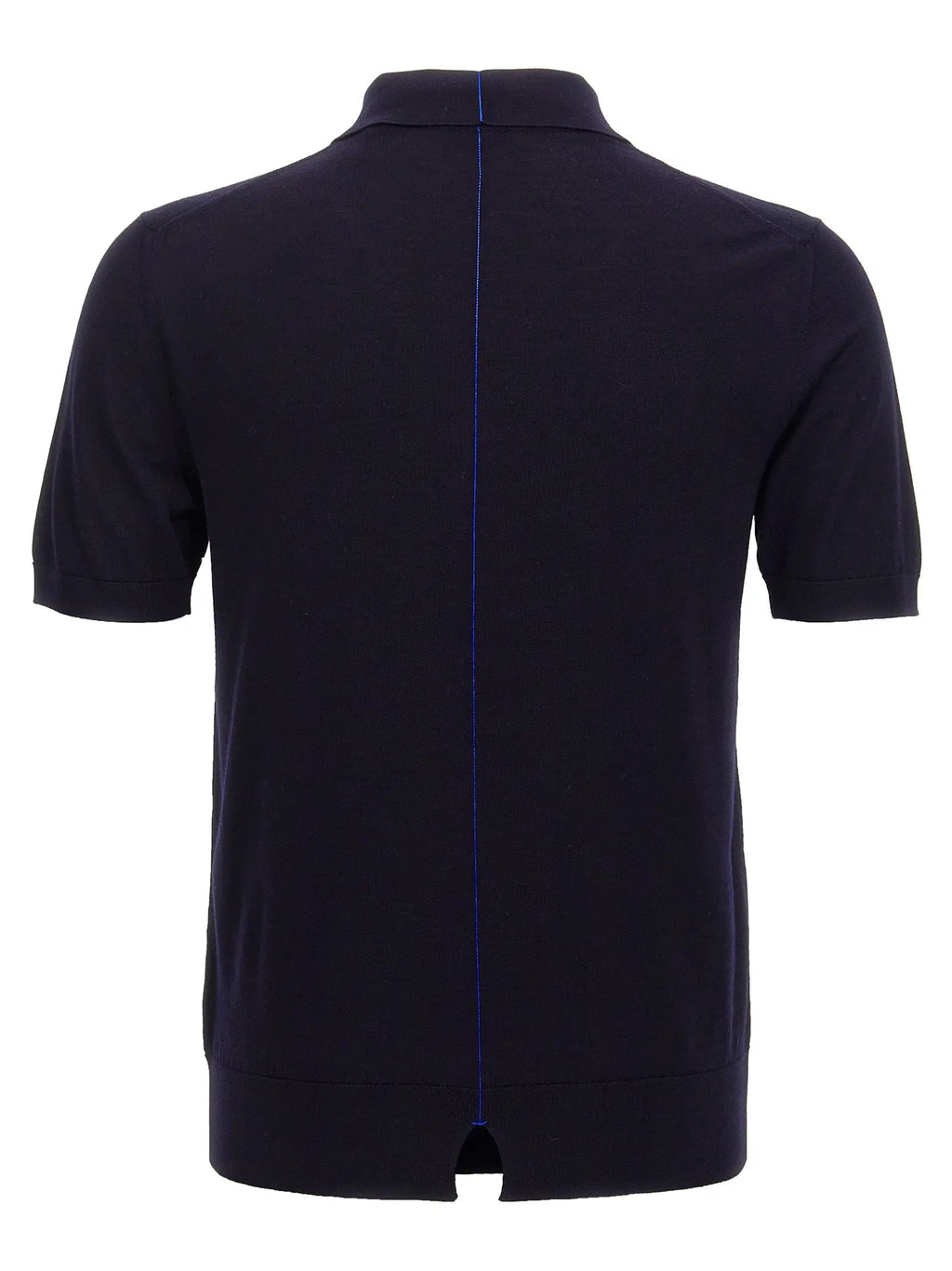 Chemise polo burberry bleu en laine marine foncé avec couture verticale bleue subtile vue de dos