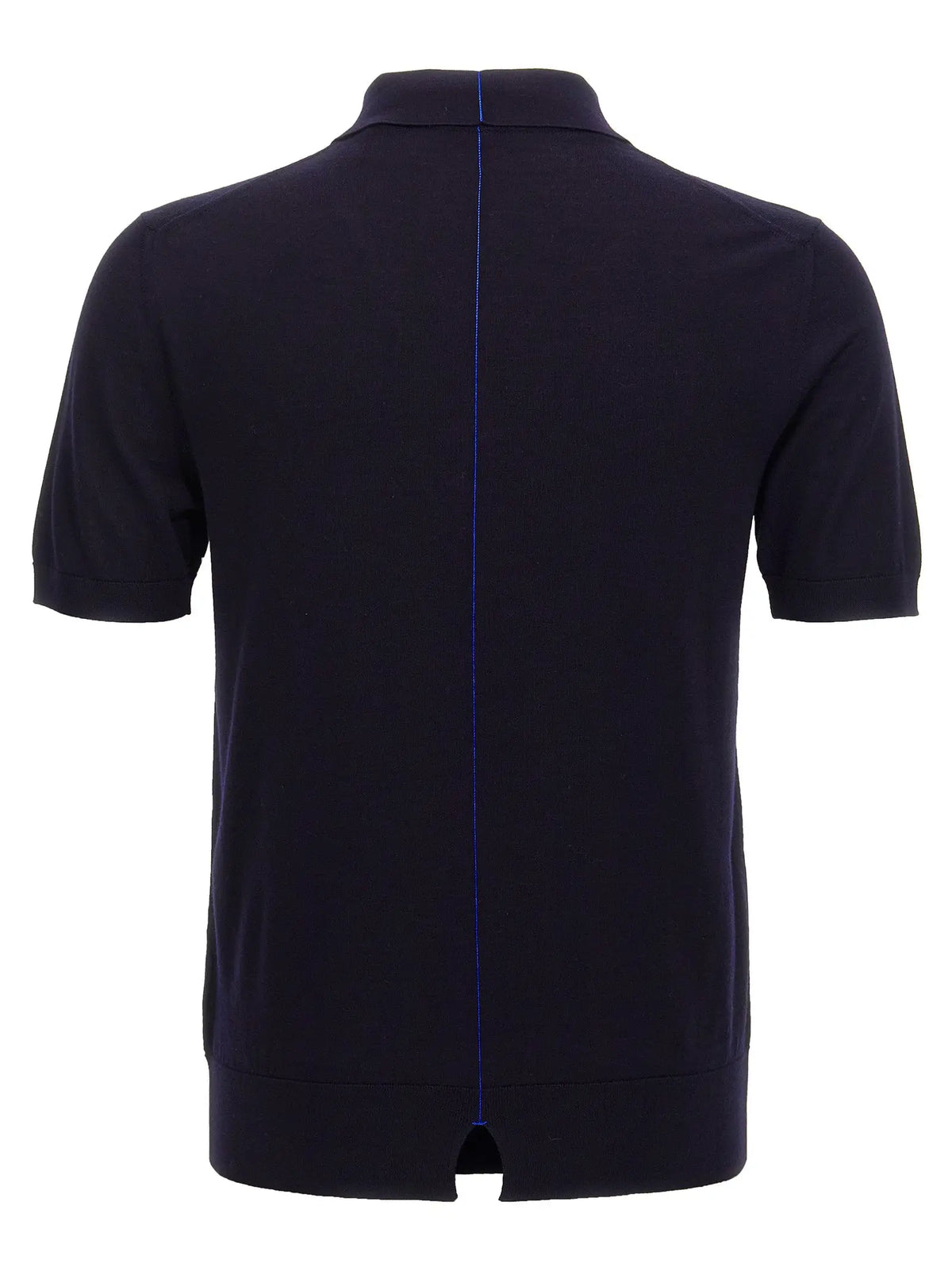 Chemise polo burberry bleu en laine marine foncé avec couture verticale bleue subtile vue de dos