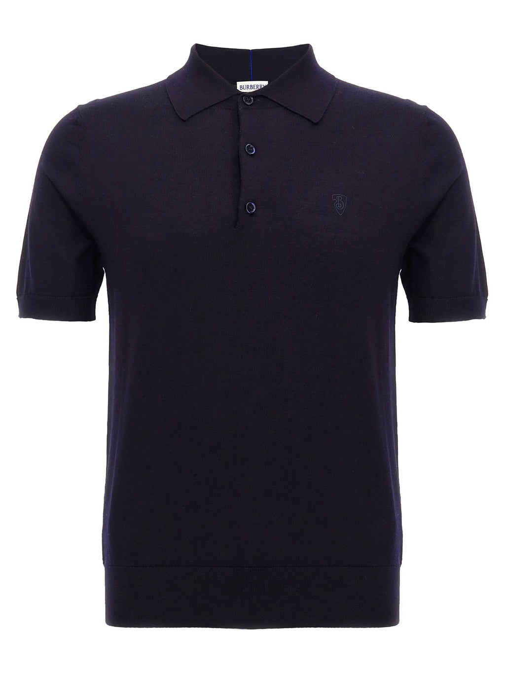 Polo bleu marine burberry en laine avec manches courtes logo brodé subtil et patte de boutonnage assortie