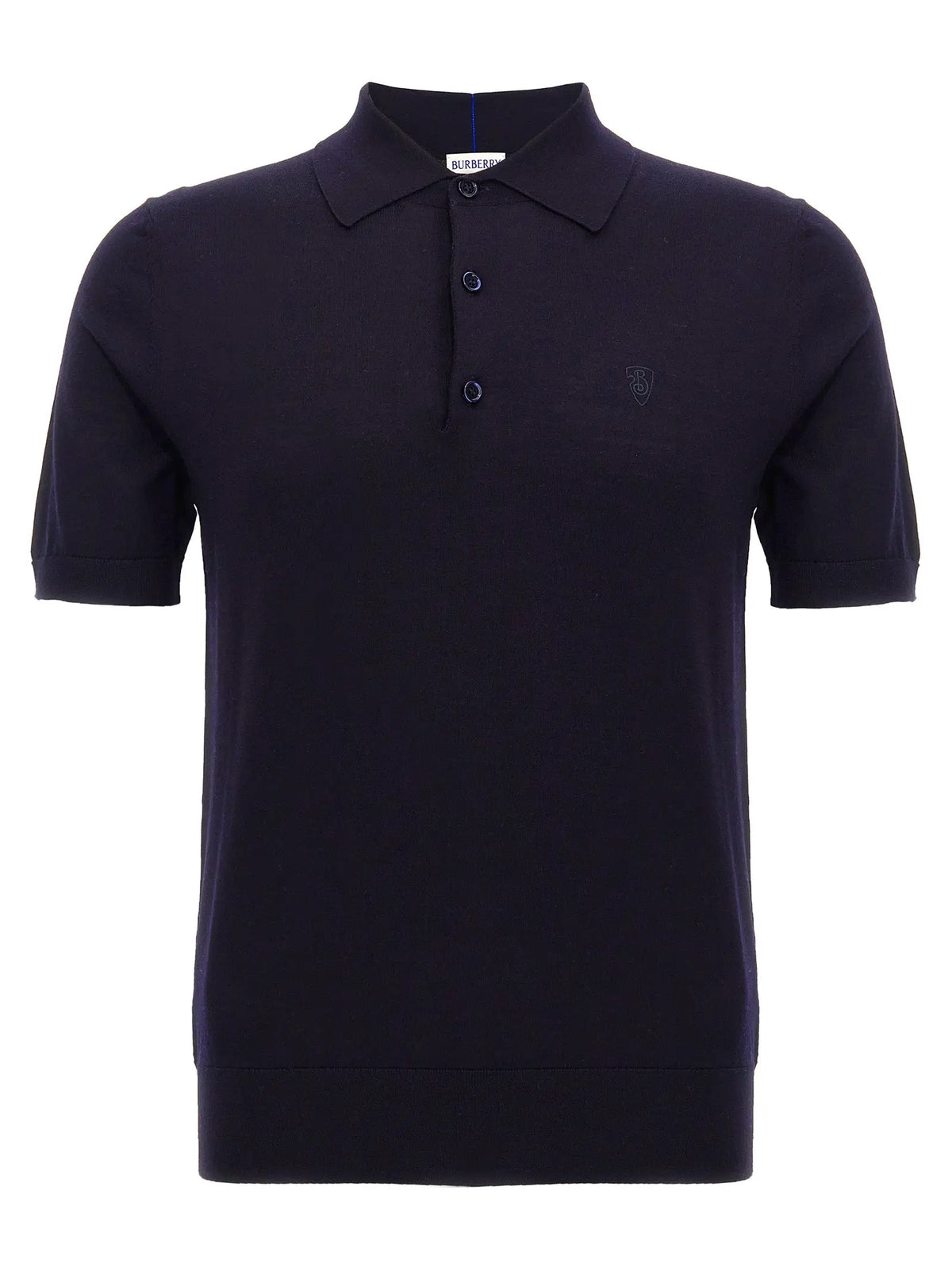 Polo bleu marine burberry en laine avec manches courtes logo brodé subtil et patte de boutonnage assortie