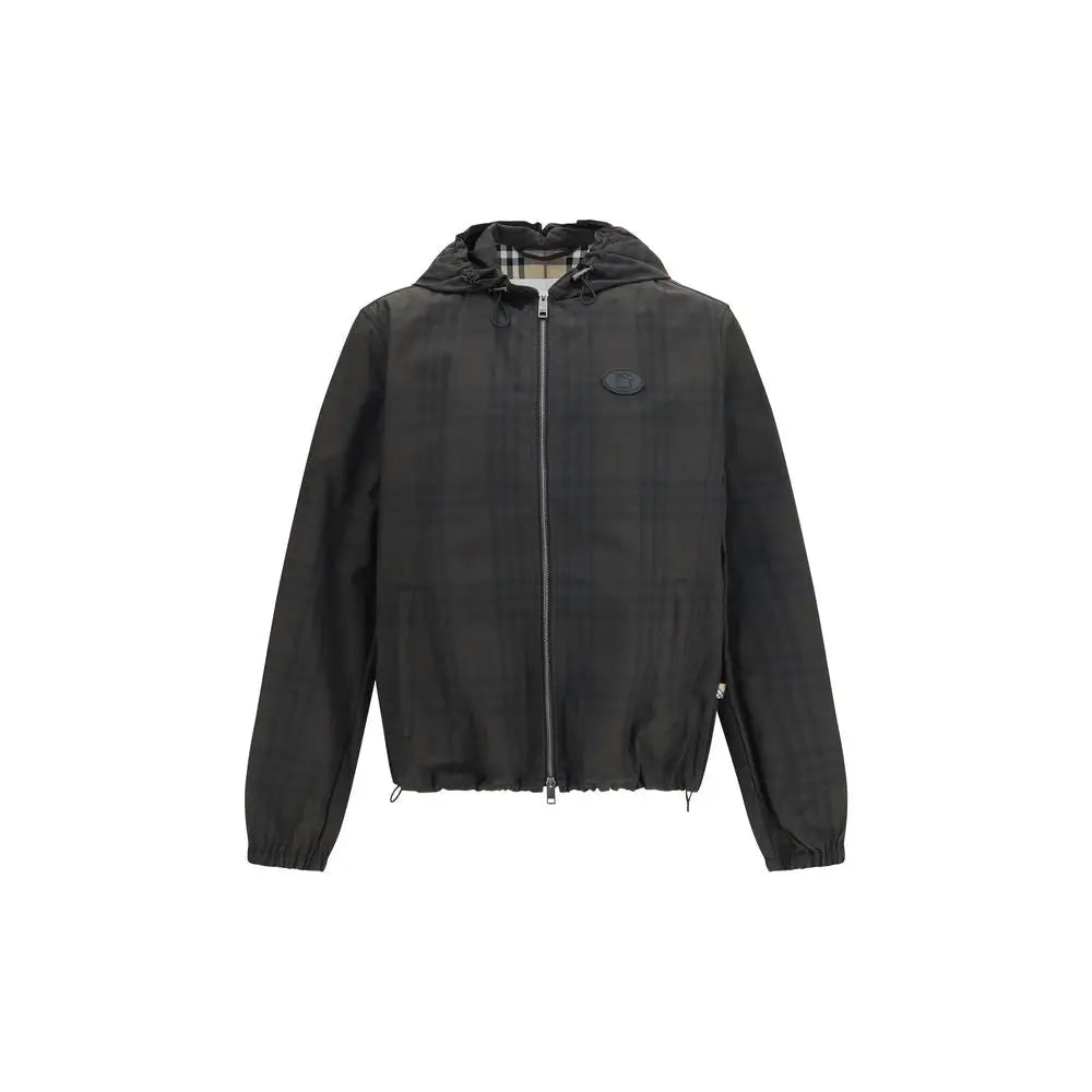 Veste burberry en coton marron avec capuche noire à motif discret à carreaux et patch logo sur la poitrine