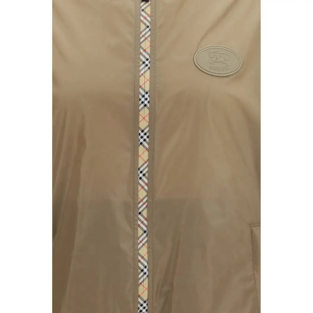 Veste burberry marron en nylon avec fermeture éclair à motif check beige et écusson logo ovale
