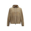 Beige burberry brown nylon shell jacket with hood and distinctive check pattern along zipper and sleeve cuffs