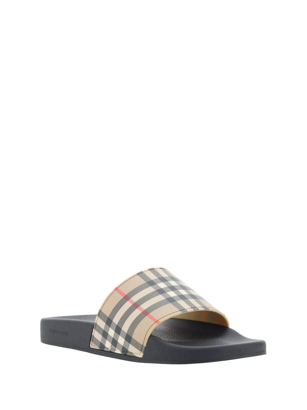 Sandales burberry en caoutchouc marron beige et noir à carreaux avec une bande rouge et semelle en caoutchouc