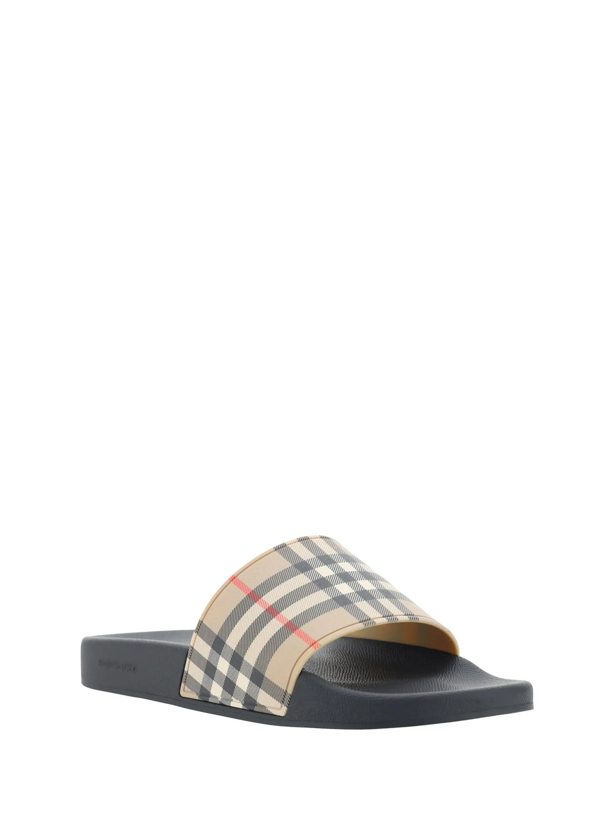 Sandales burberry en caoutchouc marron beige et noir à carreaux avec une bande rouge et semelle en caoutchouc