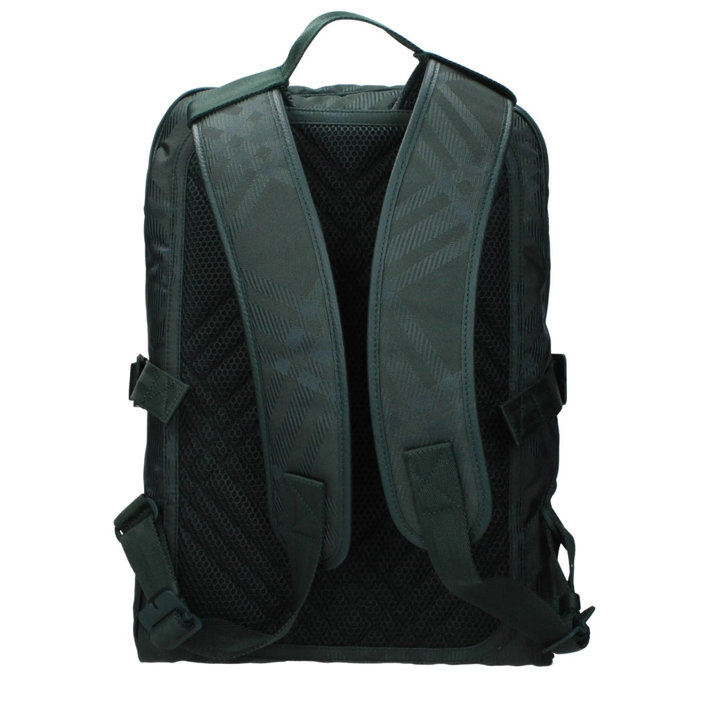 Sac à dos burberry vert foncé en tissu avec un motif diagonal subtil sur les bretelles et un panneau arrière en mesh visible