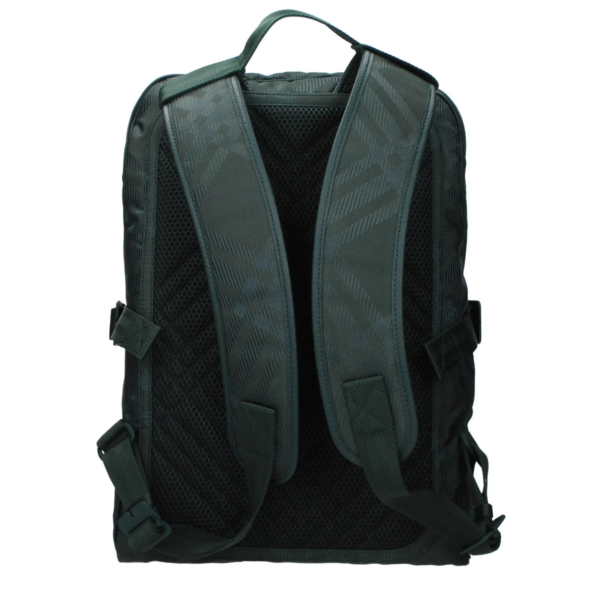 Sac à dos burberry vert foncé en tissu avec un motif diagonal subtil sur les bretelles et un panneau arrière en mesh visible