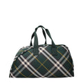 Dark green plaid burberry fabric duffel bag with black white and gold stripes for luggage and travel