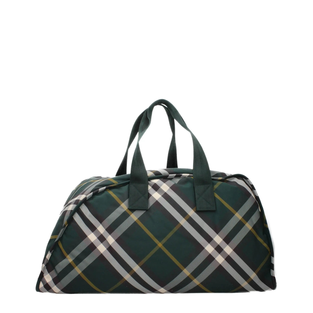 Sac de voyage burberry vert en tissu avec motif à carreaux sombres et poignées assorties