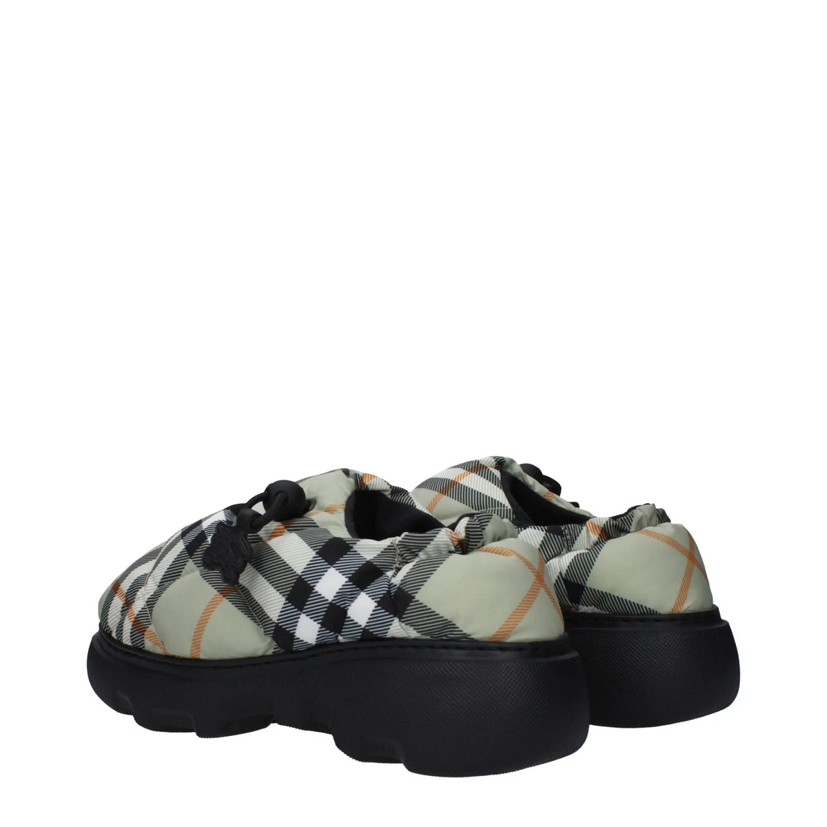 Burberry green fabric slip-on loafers with black and beige plaid pattern and thick black rubber soles