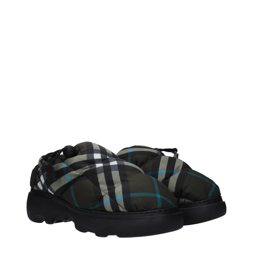 Burberry green fabric slip-on loafers shown as black and gray plaid puffer sneakers with blue accents on chunky black sole