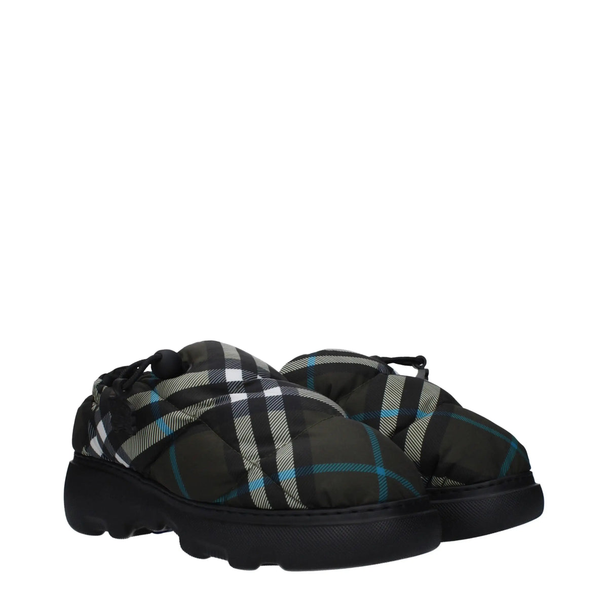 Burberry green fabric slip-on loafers shown as black and gray plaid puffer sneakers with blue accents on chunky black sole