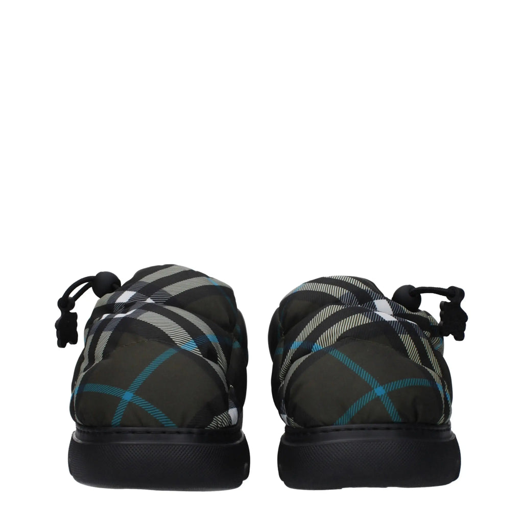 Burberry green fabric slip-on loafers with black and teal plaid pattern and black drawstrings