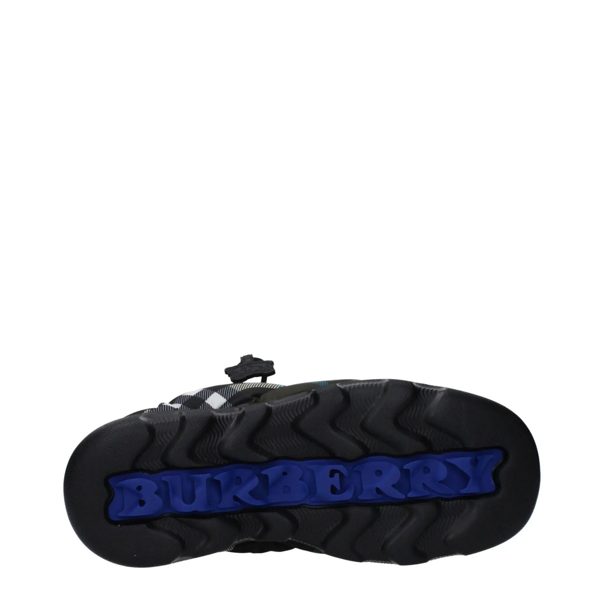 Semelle extérieure noire en caoutchouc avec logo burberry bleu embossé sur mocassins slip-on verts en tissu