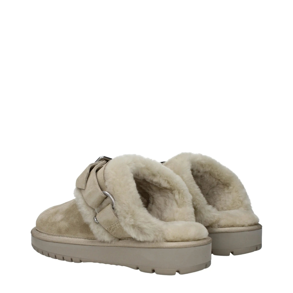 Beige Burberry green leather mule slippers with plush shearling lining and silver-toned buckle strap
