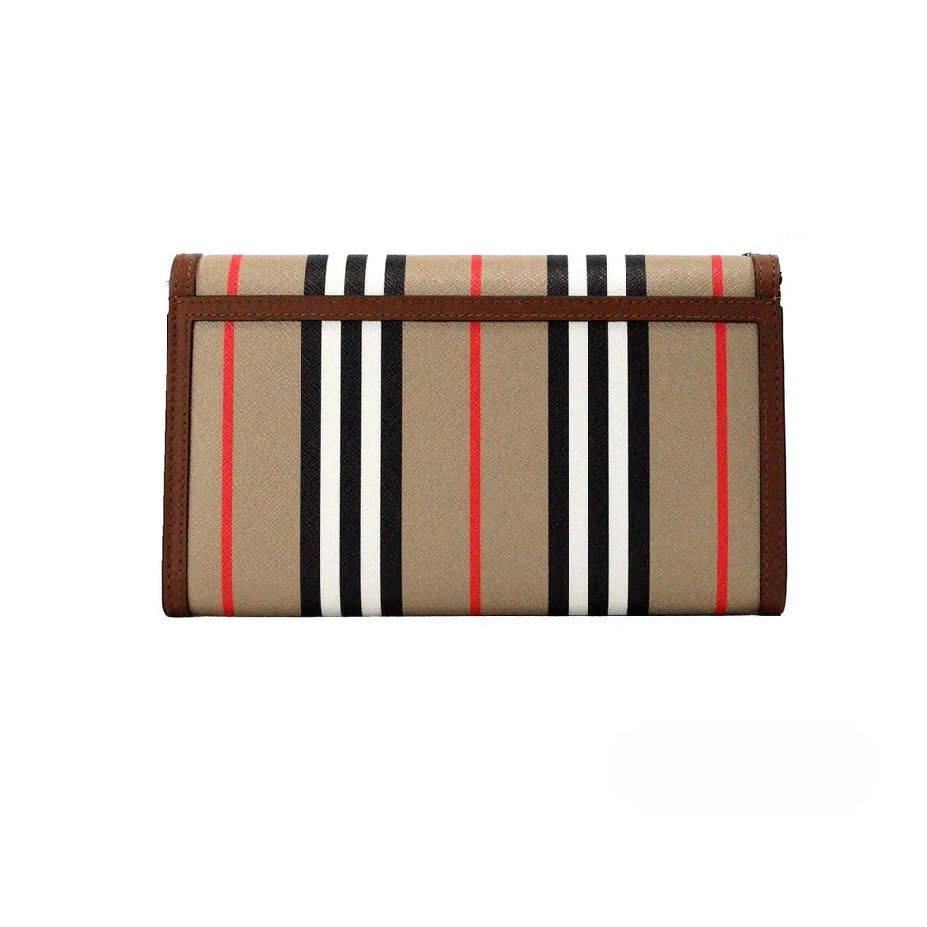 Portefeuille burberry hannah en toile e-canvas beige rayé marron avec bandes rouges noires et blanches verticales