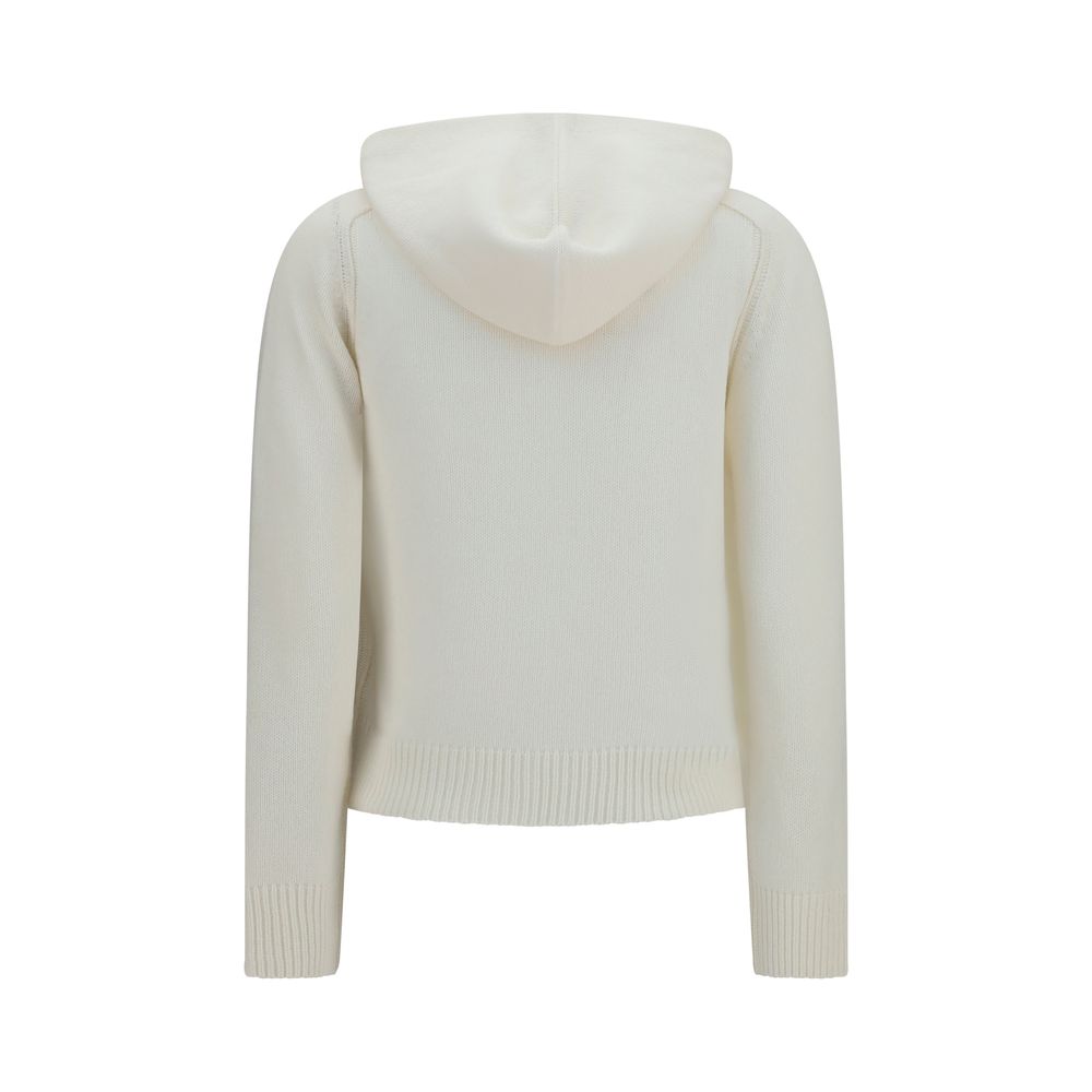 Pull à capuche en laine beige Burberry Oves Aries, coupe décontractée, logo Burberry visible sur la poitrine.