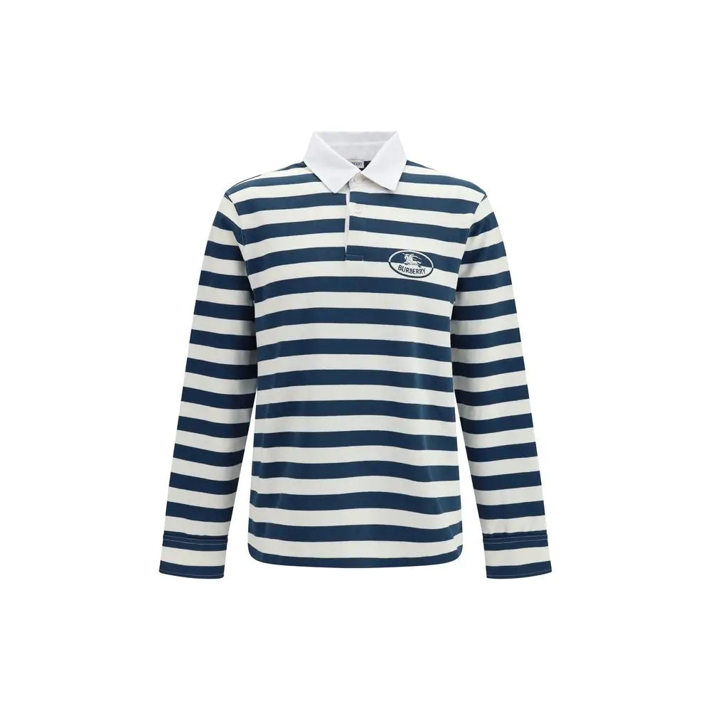 Polo manches longues burberry en coton multicolore rayé bleu marine et blanc avec col blanc et logo sur la poitrine