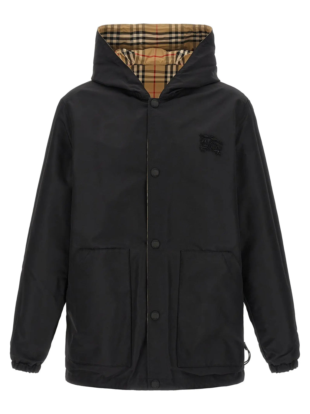 Veste burberry multicolor en polyamide noire avec doublure beige et marron à carreaux et logo brodé sur la poitrine