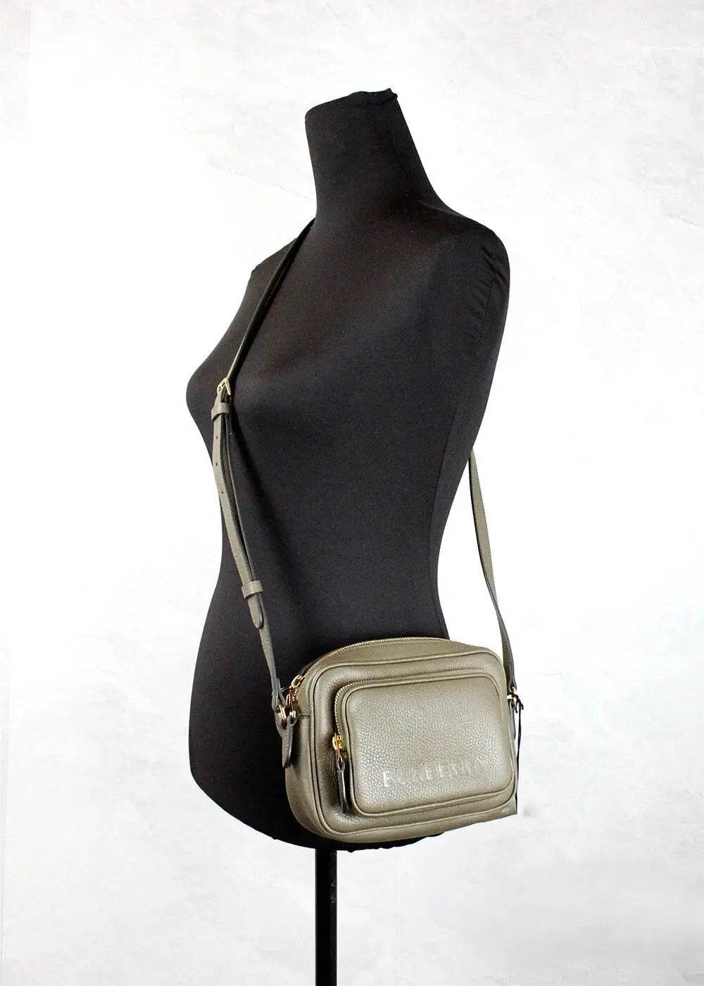 Sac bandoulière burberry petit vert fougère foncé en cuir grainé olive avec détail zippé avant doré