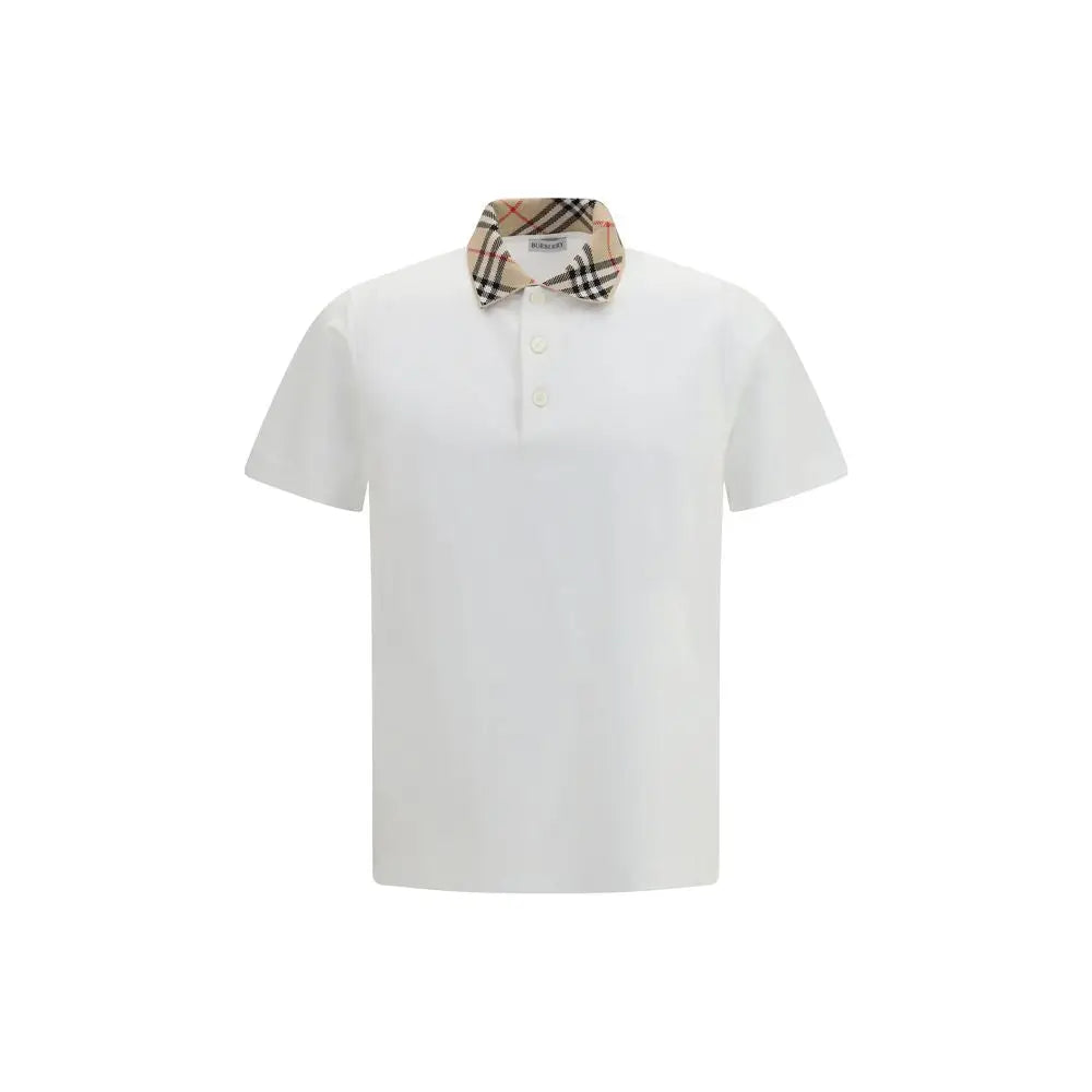 Polo blanc burberry en coton avec col à carreaux beige noir et rouge et logo burberry visible
