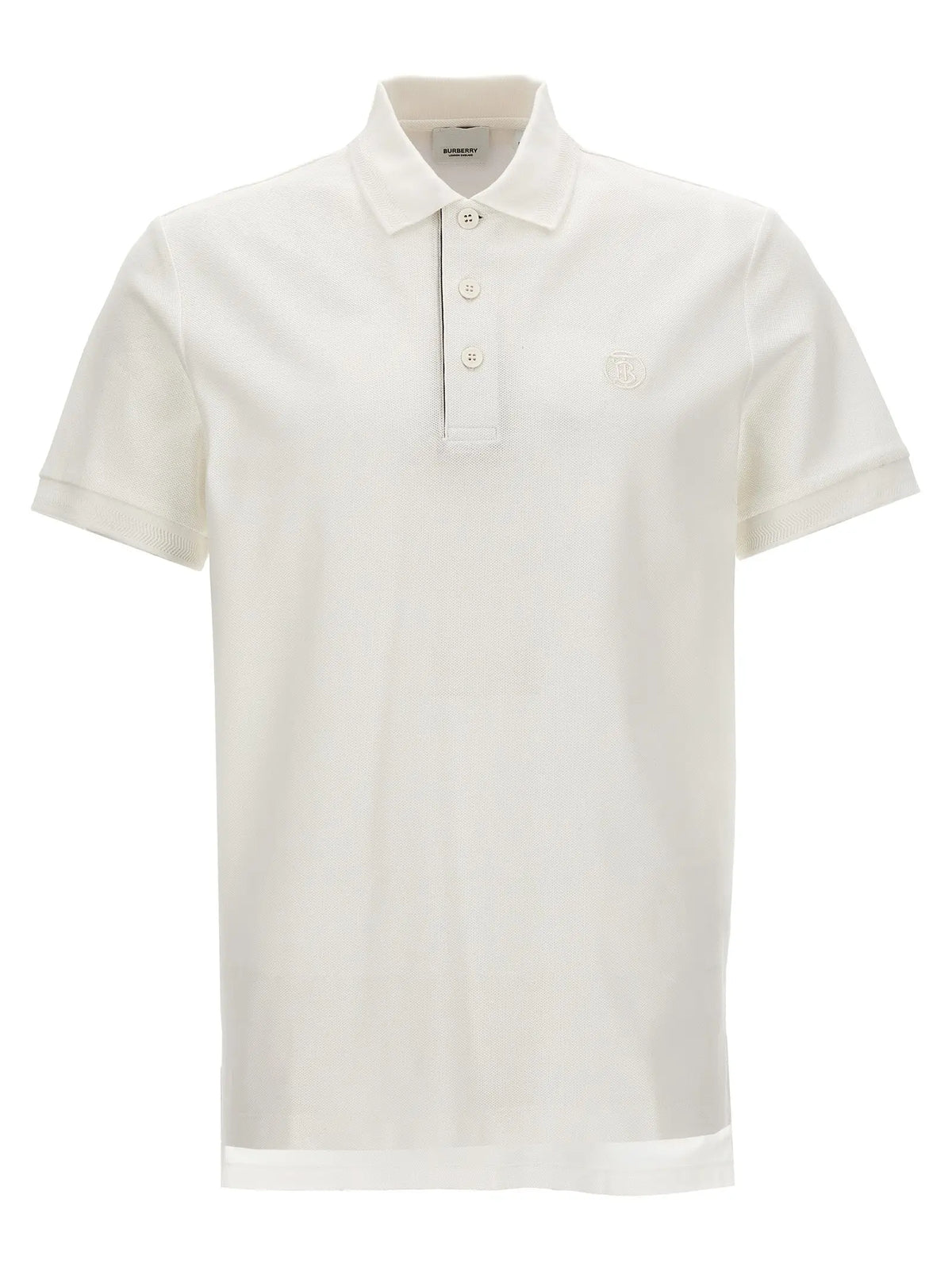 Polo burberry blanc en coton avec manches courtes et col classique, broderie discrète sur la poitrine