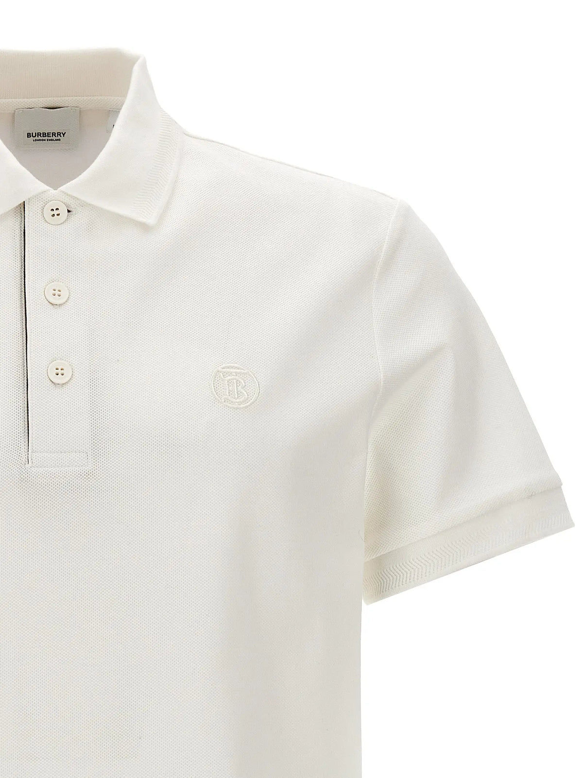 Polo burberry blanc en coton avec tissage texturé subtil et logo brodé sur la poitrine