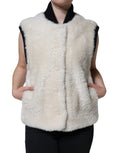Gilet sans manches burberry white warrenford en cuir et shearling crème avec col et bordures côtelés noirs