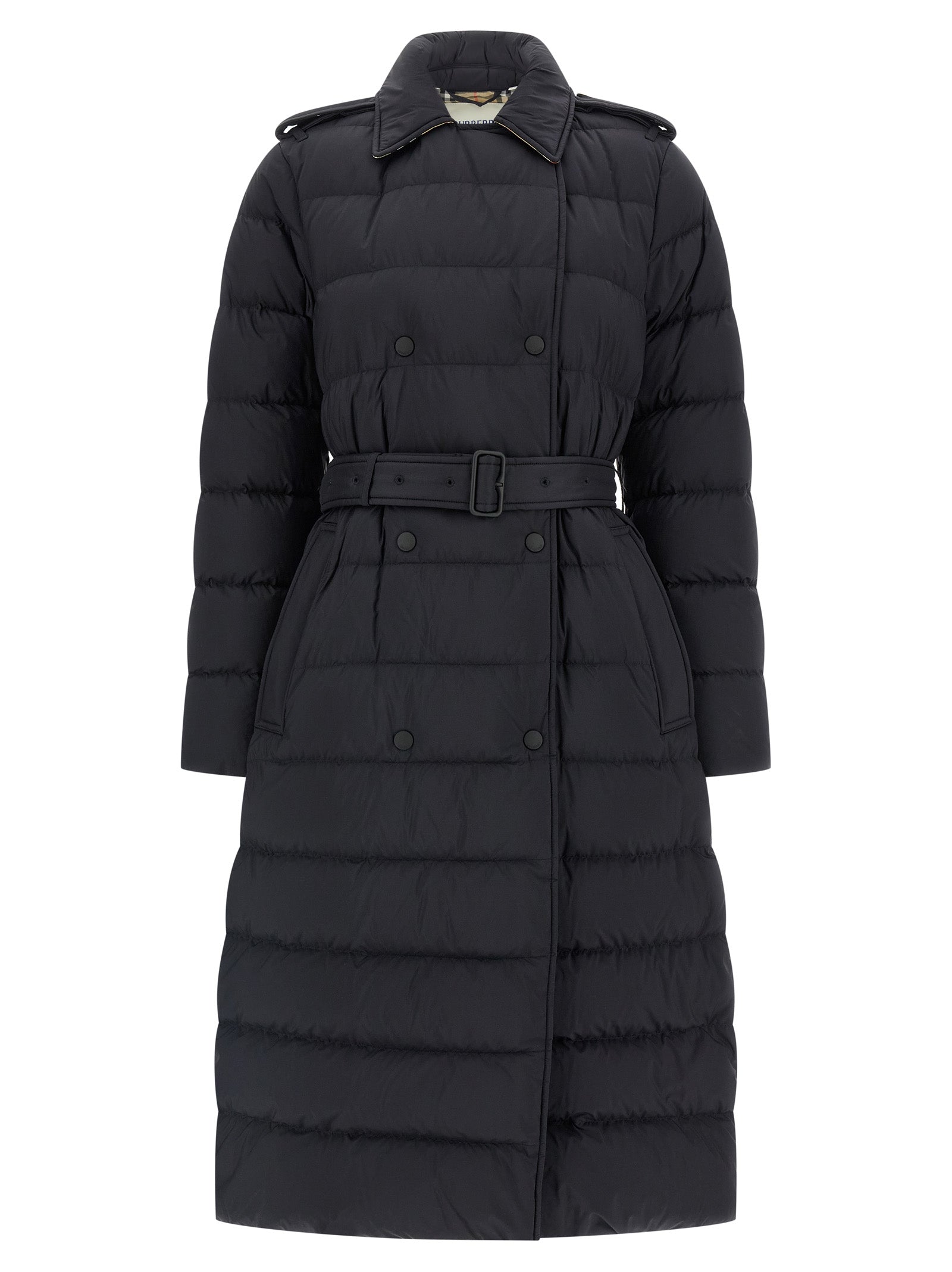 Manteau noir en polyamide de la marque Burberry, coupe élégante, avec capuche et fermeture éclair.