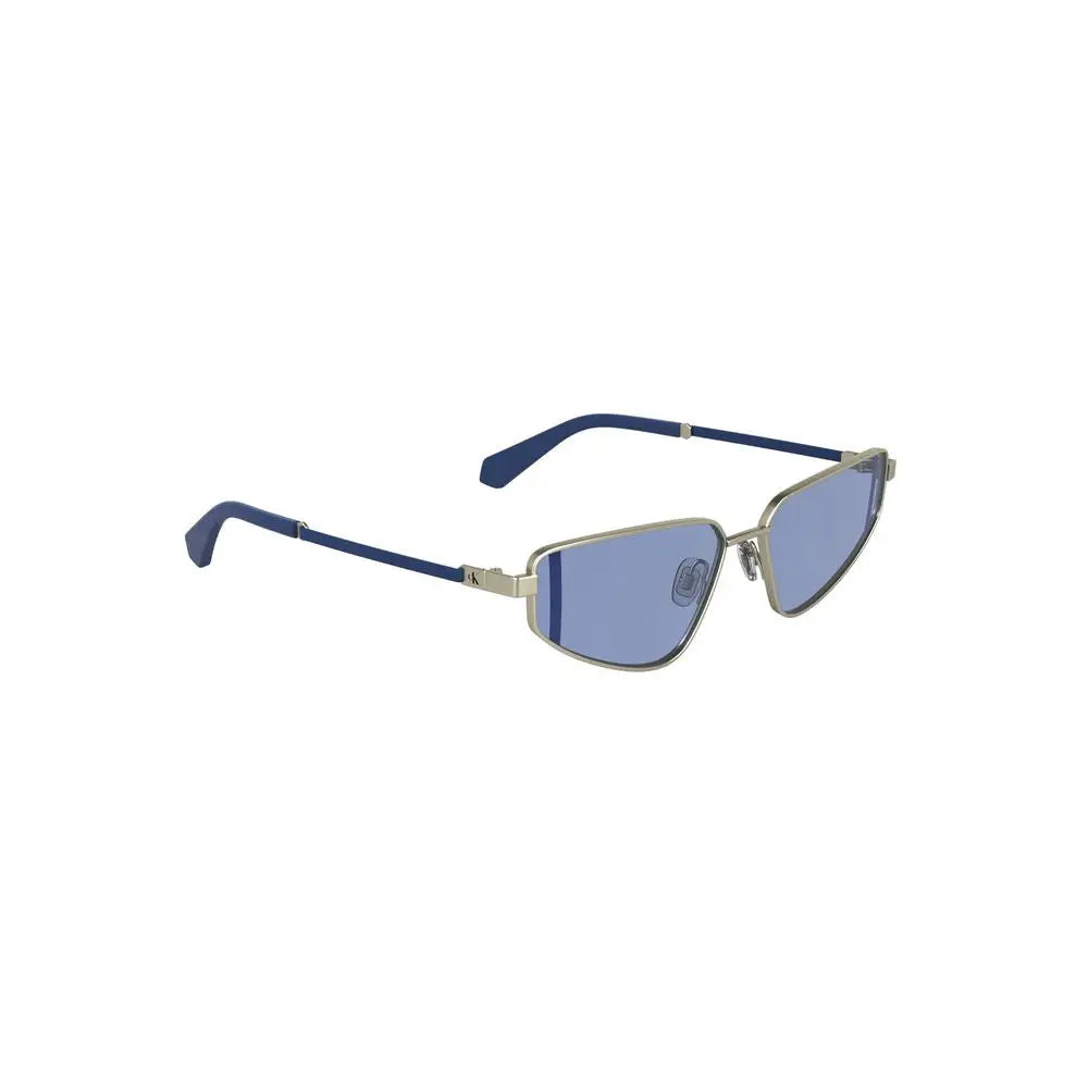 Lunettes de soleil femmes calvin klein argento métal avec monture argentée, verres bleutés et branches bleu marine