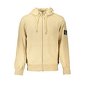 Beige calvin klein sweat à capuche zippé en coton pour homme avec poignets et ourlet côtelés et logo sur la manche