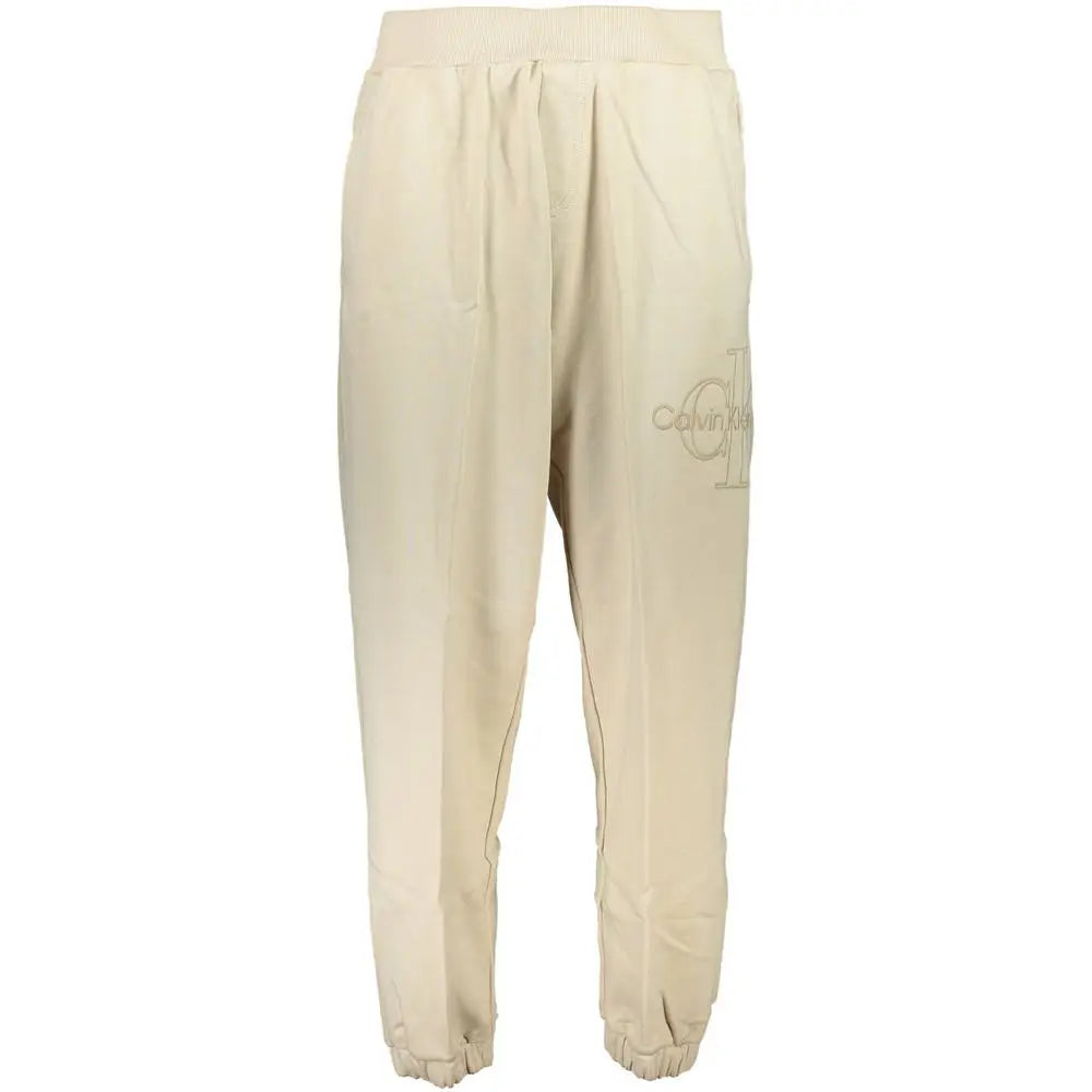 Beige calvin klein cotton men’s sweatpant with subtle embroidered logo on the thigh