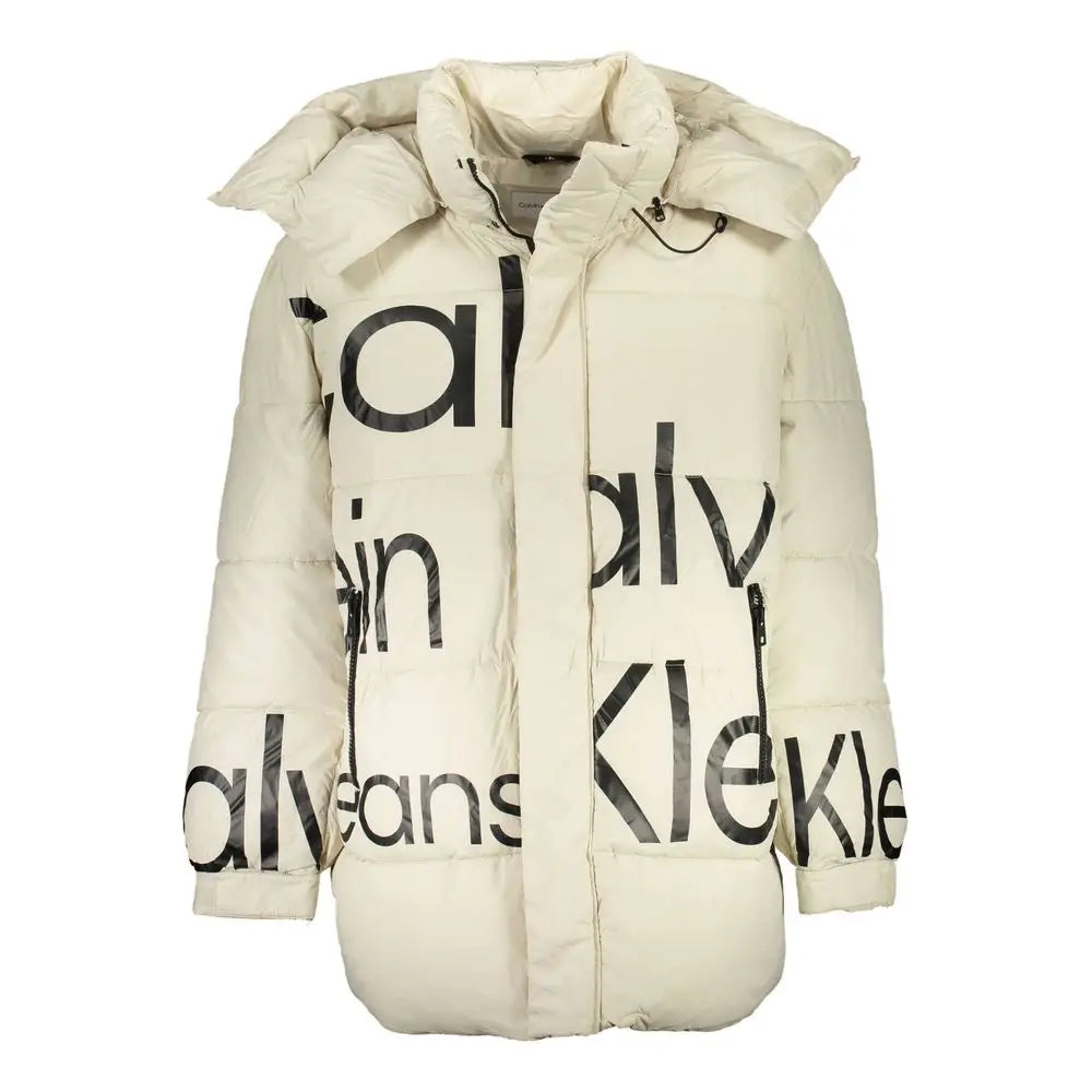 Veste homme beige calvin klein en polyester avec doudoune crème et lettrage noir bold sur le devant et les manches