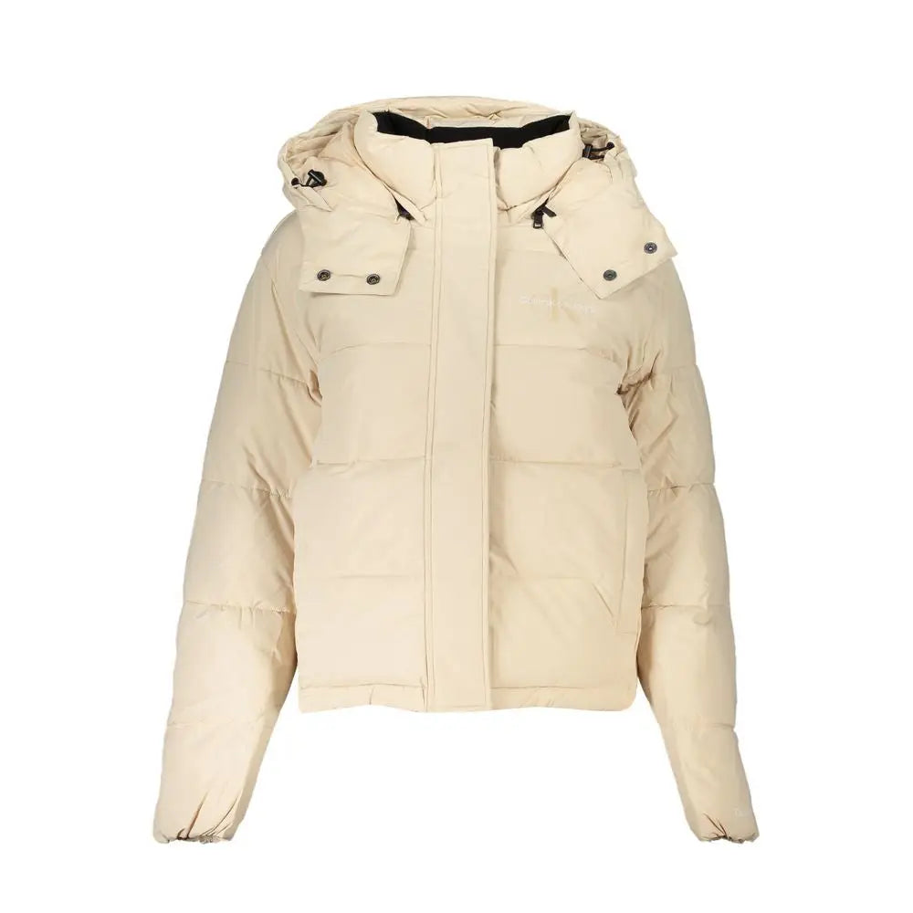 Veste femme beige calvin klein en polyester avec capuche noire doublure intérieure et boutons-pression argentés
