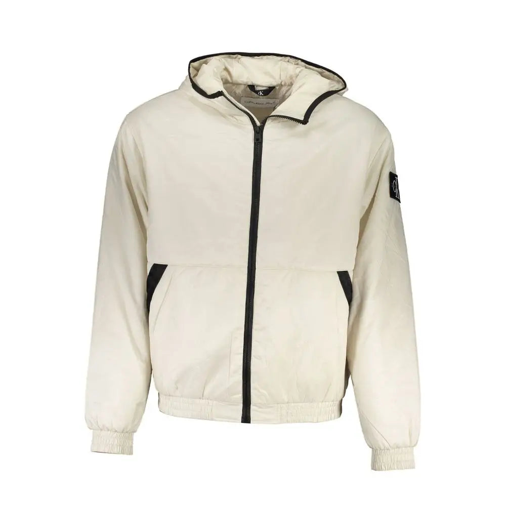Veste à capuche beige calvin klein en polyester recyclé pour homme avec fermeture éclair noire et bordures noires