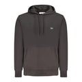 Calvin Klein black cotton men’s hoodie with dark gray fabric, subtle logo patch on chest, and matching drawstrings