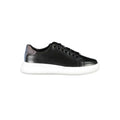 Calvin Klein black leather women sneaker low-top with white rubber sole and subtle gray heel accent