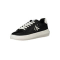Calvin klein black leather women sneaker with white laces and contrasting white rubber sole featuring logo embroidery