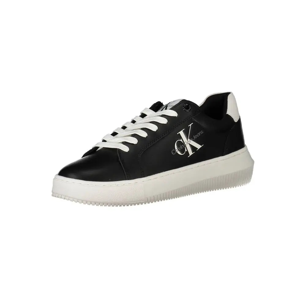 Calvin klein black leather women sneaker with white laces contrasting white rubber sole and embroidered logo