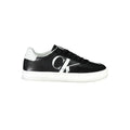 Calvin klein black leather women’s sneaker low-top with bold white ck logo and contrasting white rubber sole
