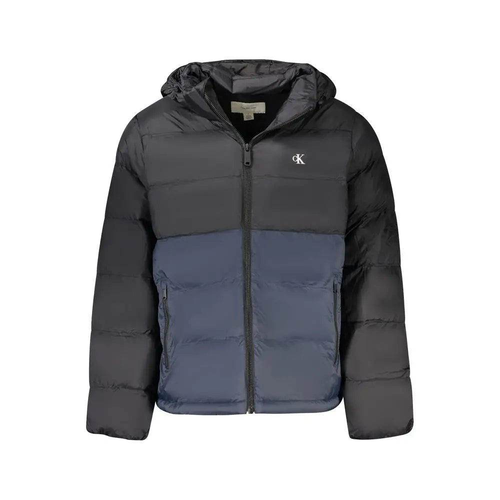 Veste homme calvin klein noire et bleu marine en polyamide matelassée à capuche avec logo sur la poitrine