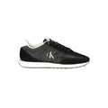 Baskets calvin klein homme noires en polyester avec logo blanc dessus, empeigne en suède et cuir synthétique, semelle blanche contrastée