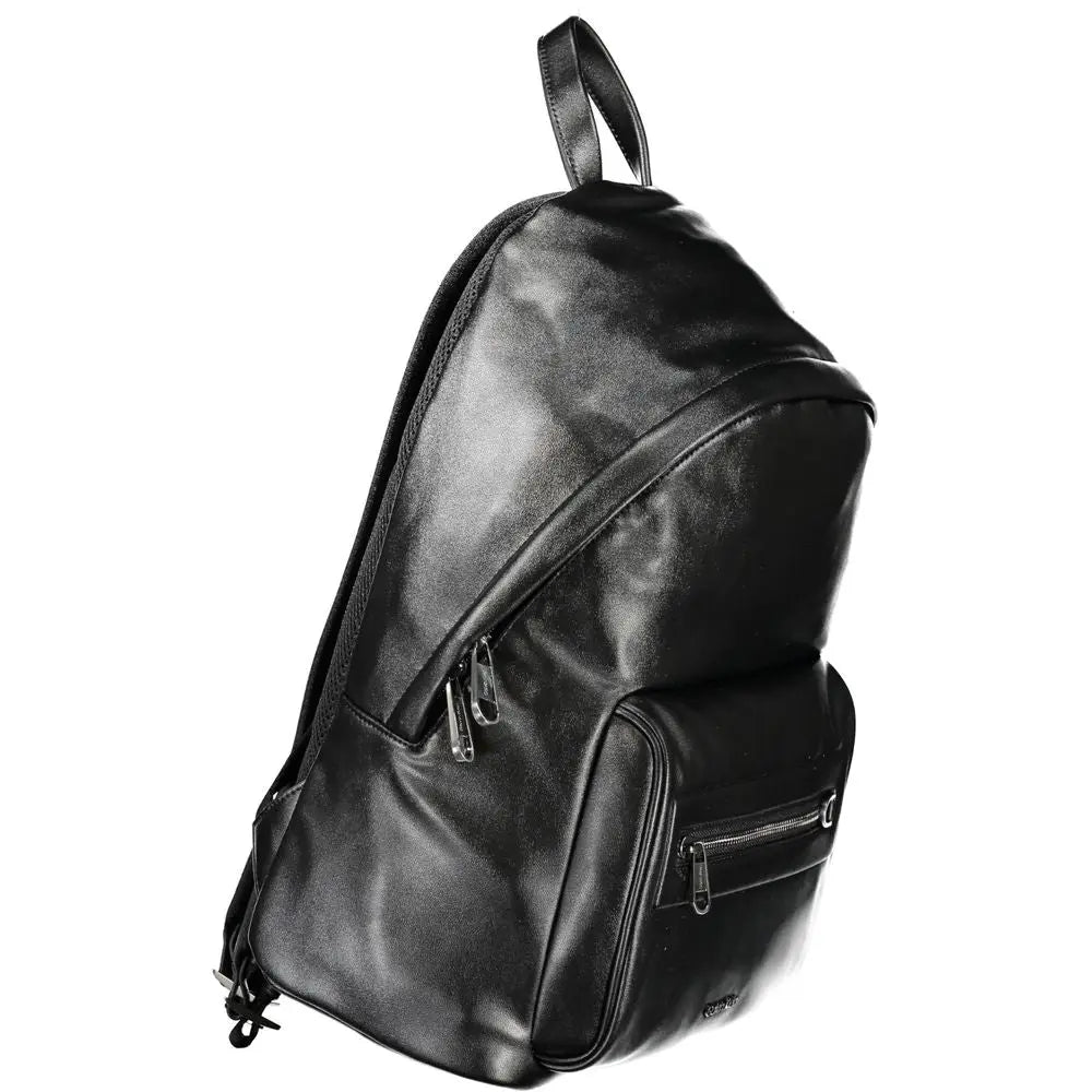 Sac à dos homme calvin klein noir en polyester avec fermetures éclair argentées et poignée supérieure en cuir