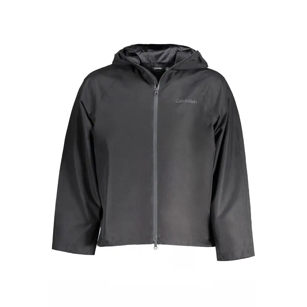 Veste noire calvin klein en polyester pour homme avec capuche et fermeture éclair intégrale logo subtil au niveau de la poitrine